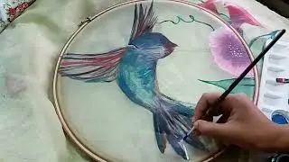 Flowers with Hummingbirds design in Light green Fabric Part 4 || Fabric painting
