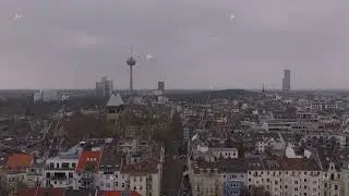 Fly through view of Cologne's striking architecture and Colonius Turm Koeln highlighting the city's