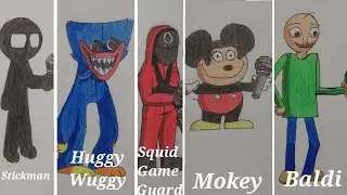 Drawing Stickman, Huggy Wuggy, Squid Game Guard, Mokey, Baldi | Friday Night Funkin