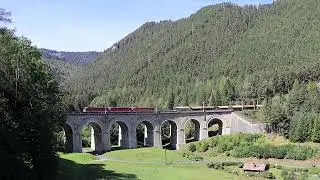 Freight train with 3x 1144 passing the Adlitzgraben viaduct on the Semmering mountain line
