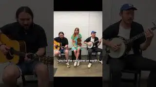 Singing “Body Language” in a random hallway on tour. #harmonies #fiddle #banjo #martinguitars