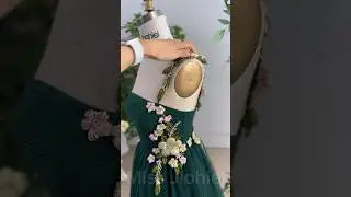 Corset dark green tulle with 3D floral midi dress 