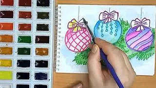 Как нарисовать новогоднюю ветку с шарами просто