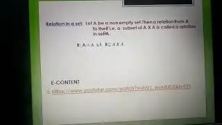 This video contains relation in a set, void relation, universal relation, identity relation.