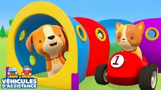 Dessin animé pour bébé. Les Véhicules d'assistance travaillent: un terrain de jeux pour le chien