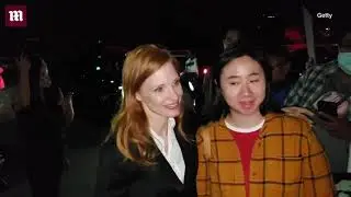 Video: Jessica Chastain stuns in cutoff black suit while greeting fans
