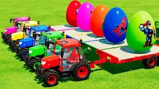 TRANSPORTING SURPRISE HERO EGGS WITH RIGITRAC TRACTORS & COLORED TRAILERS! FS22