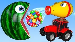 Learn Colors with PACMAN and Farm Tractor M&M Chocolate Street Vehicle for Kids