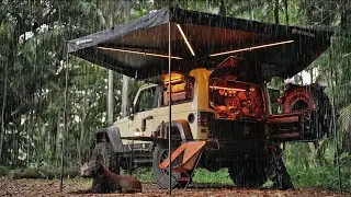 COZY SOLO Camping in Heavy Tropical RAIN [ Relax, Sleep and Eat under a modular Awning, ASMR ]