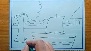 Easy river scenery drawing| village scenery drawing #drawing #art #scenery