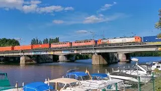 MEG 159 226 zieht einen Schrottzug mit 140 018 & 140 544 über die Spindlersfelder Brücke