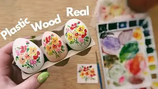 Watercolor Easter eggs. Real, wood and plastic