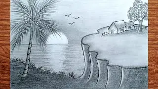 how to draw sunset scenery  | sunset landscape drawing with pencil sketch step by step