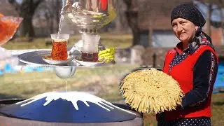 Village Woman Makes Honey Pancakes - Tea with Natural Honey and Mint, Quiet Life in the Village