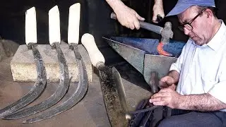 Handmade steel sickle to mow cereals in the field. Manufacturing in a forge
