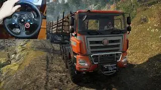 Tatra Phoenix Agro Pulls Twin Log Trailers Across Muddy Mountain Roads
