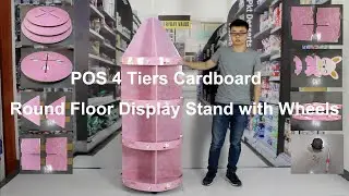 POS 4 Tiers Cardboard Round Floor Display Stand with Wheels