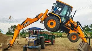 JCP and Tractor Videos | JCB stunt with Swaraj 744 FE stuck fully loaded trolley pulling | CFV