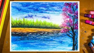 Oil Pastel Drawing - How to Draw Realistic Riverside Landscape Nature painting (step by step)