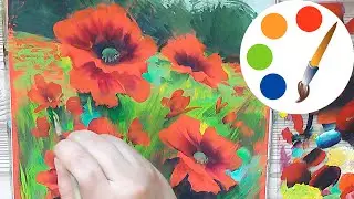 Paint a landscape with poppies on red paper