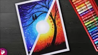 How to draw a Scenery - Moonlight Night VS Sunset scenery - Landscape scenery drawing