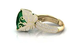 Butterfly Design Yellow Gold Diamond Emerald Ring rendered by Cad & Render
