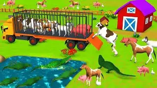 Crocodile Attack Horse Farm Animals Barn Animals | Horse Cow Pig Truck Transport New Farm Diorama 3D