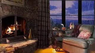 Cozy room with a fireplace to the sound of rain outside the window. Relaxation for sleep.