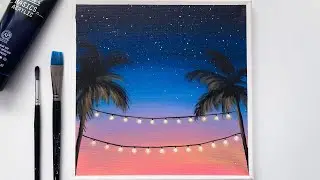 String Lights under Palm Trees | Easy Acrylic Painting Step by Step for Beginners