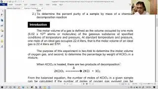 Analysis of KClO₃ Mixture and the Molar Volume of Oxygen