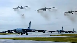 US Air Force B-52 Bomber Mass Takeoff at Full Throttle