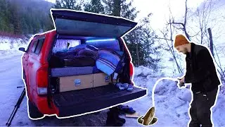 Winter Truck Camping and Ice Fishing in Snowy Mountains