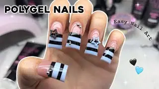 STRIPED FRENCH TIP POLYGEL NAILS🖤🩵 BEGINNER FRIENDLY NAIL ART & POLYGEL APPLICATION | Nail Tutorial