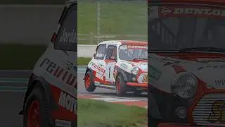 Classic Minis mostly three wheeling around Donington Park. Mini Miglia Se7en Challenge 2024.
