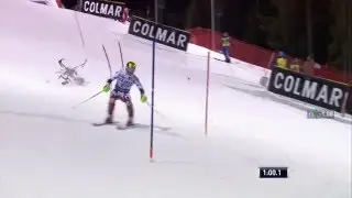 Falling drone nearly hits professional skier during race event