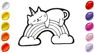 Drawing and Coloring Sleeping Cat on Rainbow | Menggambar Kucing Tidur di atas Pelangi