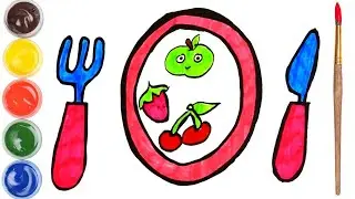 How to draw a plate with fruits and cutlery?