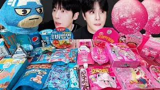 ASMR MUKBANG |  BLUE VS PINK FOOD JELLY CANDY Desserts (Noodles Jelly, chocolate) Convenience store