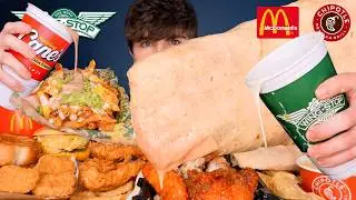 ASMR MUKBANG MCDONALDS CHIPOTLE WINGSTOP CHICKEN BURGERS BURRITOS & FRIES | WITH EXTRA CANES SAUCE