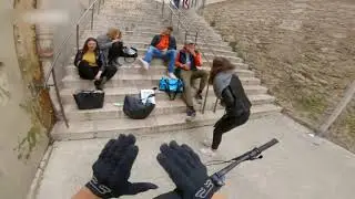 Mountain Biker Narrowly Avoids Crashing Into Group Of People