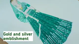 Gold and silver emblishment | green lehanga illustration tutorial | fashion illustration