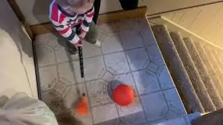 Kid hits hockey ball down the stairs onto a trampoline and gets it in basketball net | CONTENTbible
