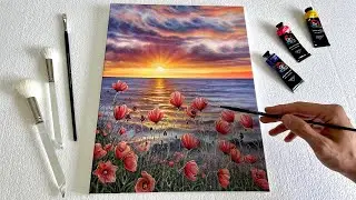 EASY Acrylic Painting Technique | Red Poppies Sunset Landscape Painting for Beginners