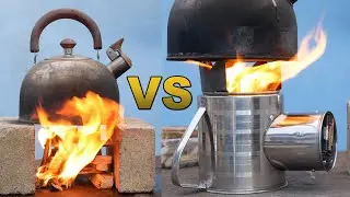 A portable wood burning stove with air blower.