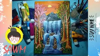 Easy water falling landscape painting step by step | Stay active with Mariam
