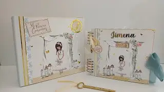 Libro 4 con caja a juego tonos azul y beige para Jimena