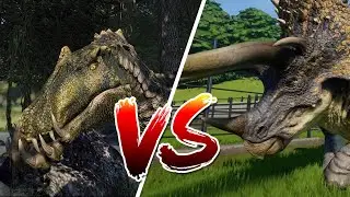 The battle dinosaurs. DRACODENTITAN against STEGOCERATOPS. Jurassic World Evolution. Dinosaurs
