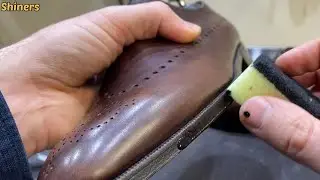 Shoe Shine Berluti Brown Leather Oxford. How to Shine? [ASMR] Relax Video.