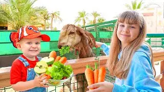 Diana, Roma y Oliver alimentan a los animales en el parque zoológico de los Emiratos