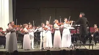 Ансамбль скрипачей играет с оркестром